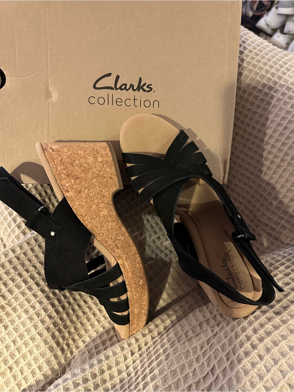 Clarks Black Suede/Cork Wedge Sandal (size 9.5) NEW!